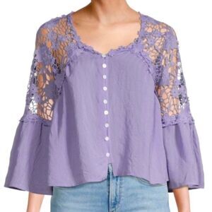 HL Affair NY Lavender Lace Crochet Button Front 3/4 Bell Sleeve Blouse Large